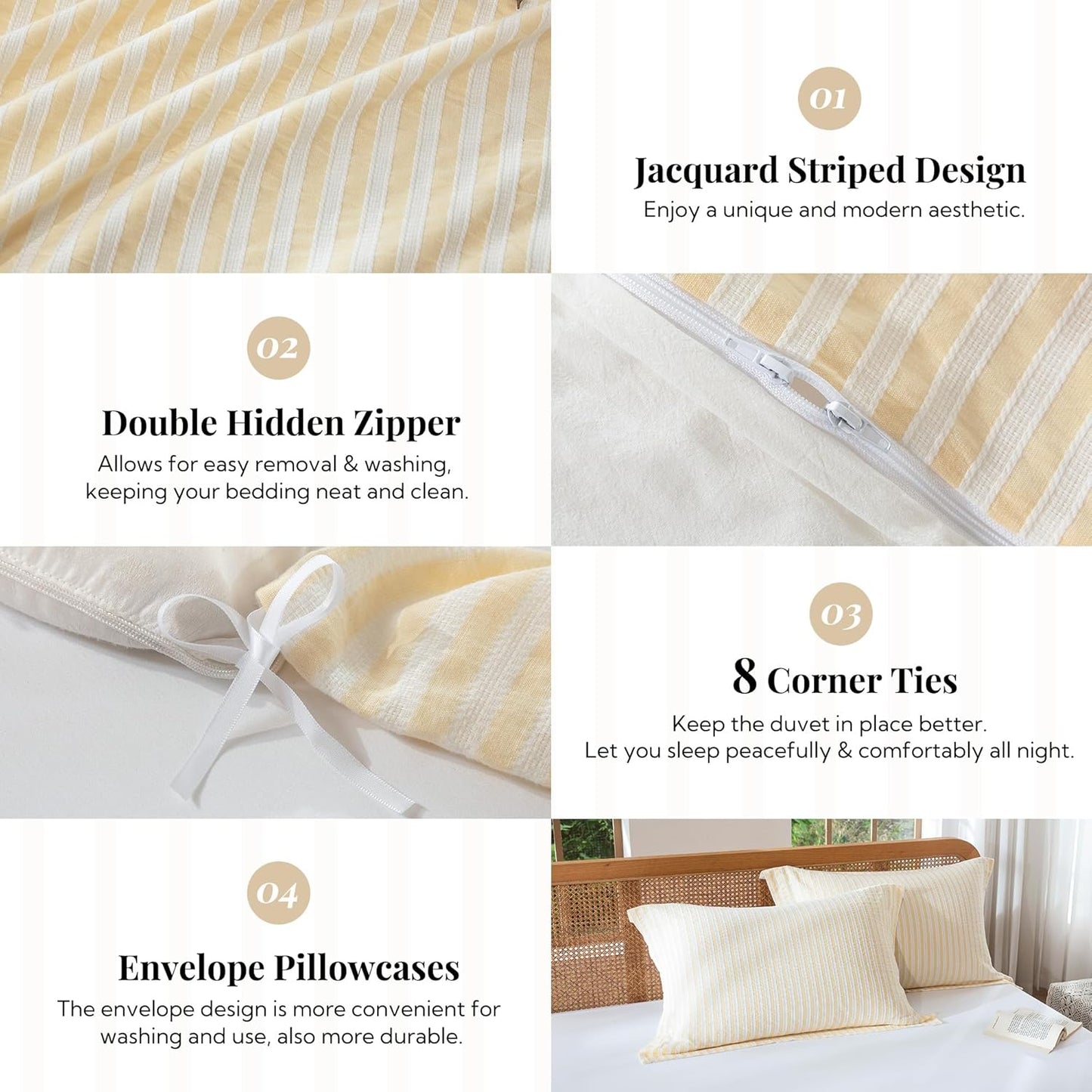 Yellow Striped Duvet Cover - 100% Washed Cotton Boho Jacquard Textured Comforter Cover Set 2pcs with Dual Zipper Closure & 8 Corner Ties Soft & Lightweight for All Season 68"x90"