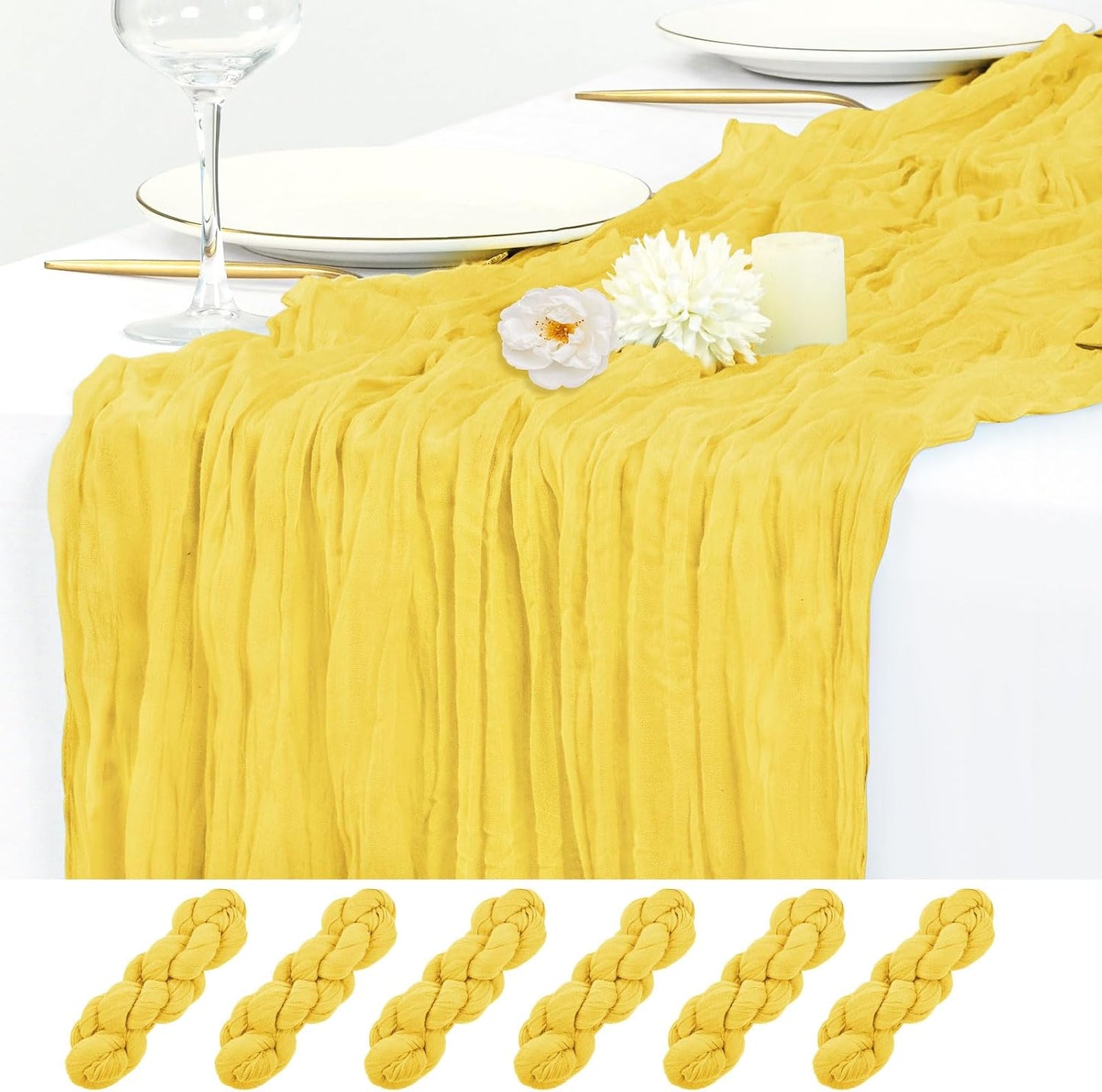 6 Pack Lemon Yellow Cheesecloth Table Runner 17x108 Inch Boho Gauze Cheese Cloth Fabric Table Runners Semi Sheer Rustic Table Decor for Wedding Party Bridal Baby Shower Birthday Holiday Home Decor