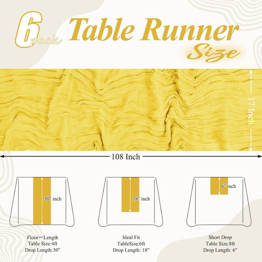 6 Pack Lemon Yellow Cheesecloth Table Runner 17x108 Inch Boho Gauze Cheese Cloth Fabric Table Runners Semi Sheer Rustic Table Decor for Wedding Party Bridal Baby Shower Birthday Holiday Home Decor
