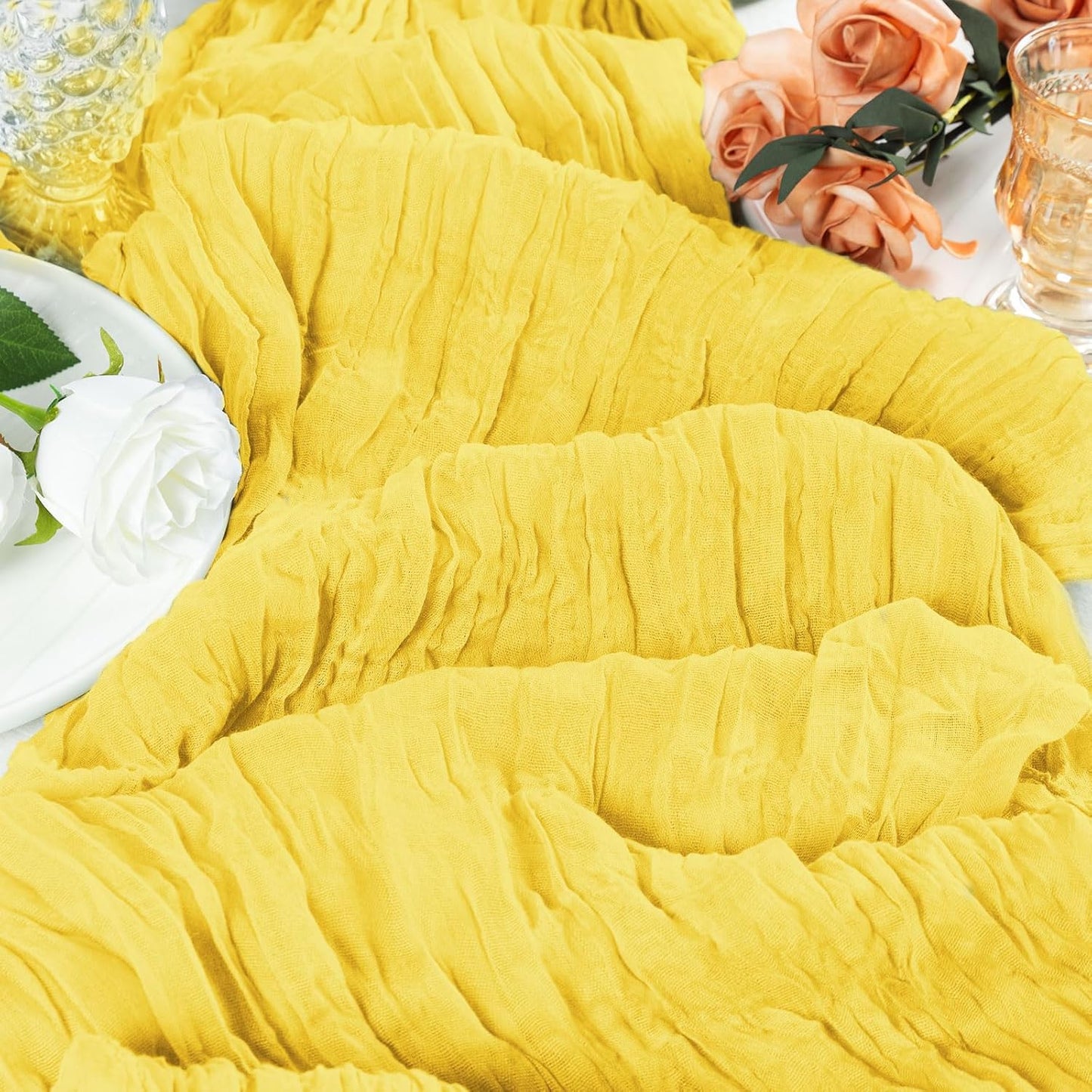 6 Pack Lemon Yellow Cheesecloth Table Runner 17x108 Inch Boho Gauze Cheese Cloth Fabric Table Runners Semi Sheer Rustic Table Decor for Wedding Party Bridal Baby Shower Birthday Holiday Home Decor