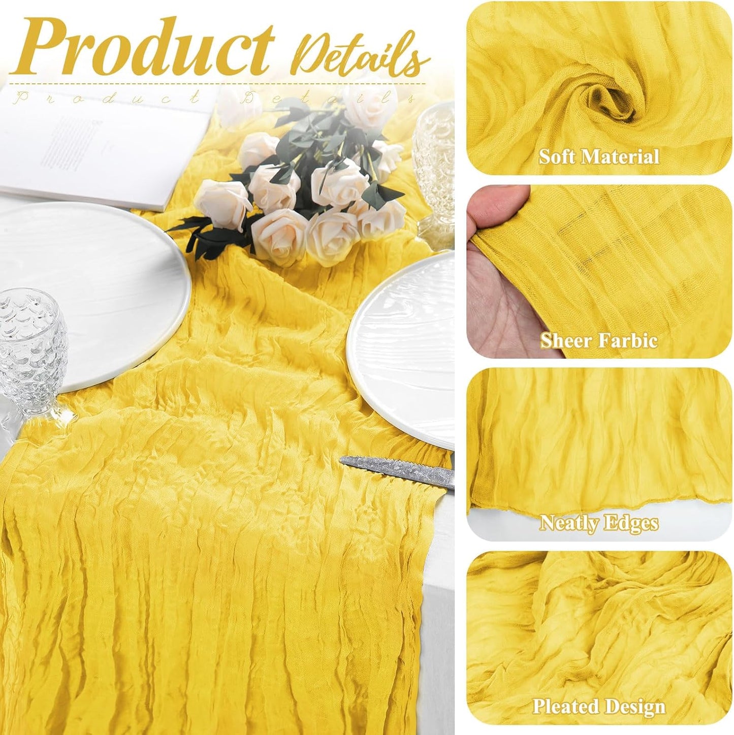 6 Pack Lemon Yellow Cheesecloth Table Runner 17x108 Inch Boho Gauze Cheese Cloth Fabric Table Runners Semi Sheer Rustic Table Decor for Wedding Party Bridal Baby Shower Birthday Holiday Home Decor