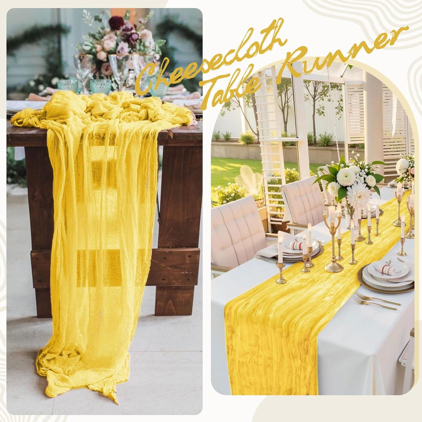 6 Pack Lemon Yellow Cheesecloth Table Runner 17x108 Inch Boho Gauze Cheese Cloth Fabric Table Runners Semi Sheer Rustic Table Decor for Wedding Party Bridal Baby Shower Birthday Holiday Home Decor