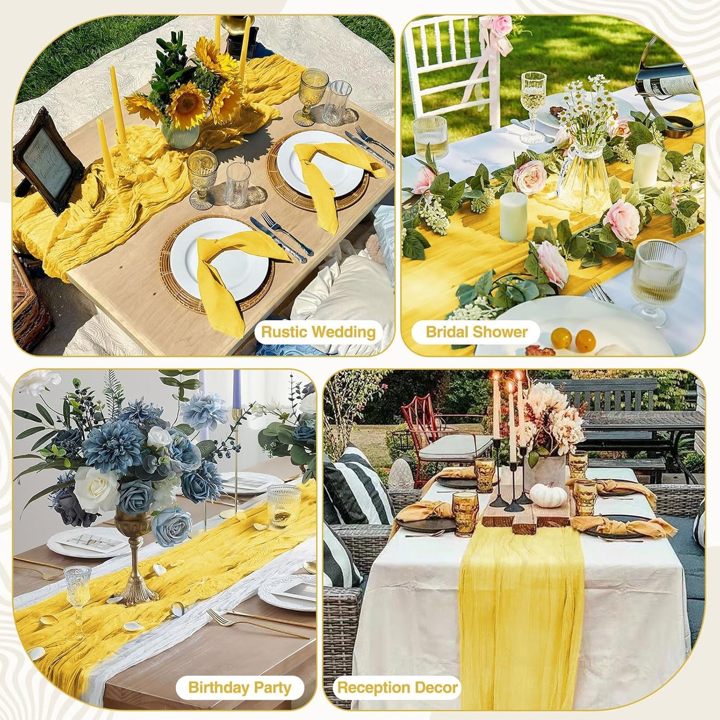 6 Pack Lemon Yellow Cheesecloth Table Runner 17x108 Inch Boho Gauze Cheese Cloth Fabric Table Runners Semi Sheer Rustic Table Decor for Wedding Party Bridal Baby Shower Birthday Holiday Home Decor
