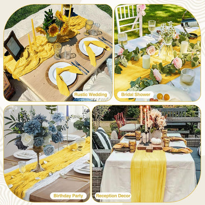 6 Pack Lemon Yellow Cheesecloth Table Runner 17x108 Inch Boho Gauze Cheese Cloth Fabric Table Runners Semi Sheer Rustic Table Decor for Wedding Party Bridal Baby Shower Birthday Holiday Home Decor
