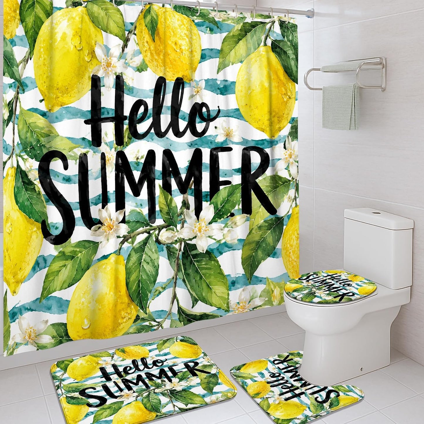 Lemon Shower Curtain Sets, Summer Tropical Flower Leaf Summer Yellow Washable with Hooks Bathroom Set with Print Cloth Curtains and Rugs for Bathtub Toile Guest Room Decor 72x72 Inch