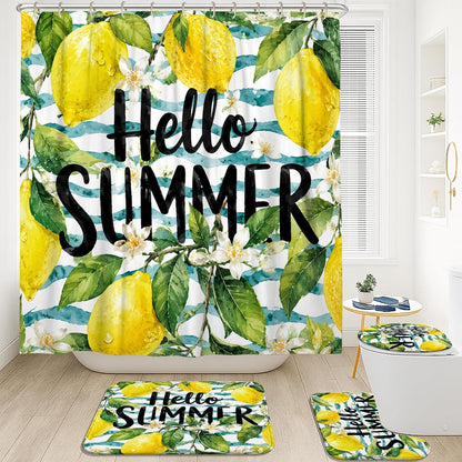 Lemon Shower Curtain Sets, Summer Tropical Flower Leaf Summer Yellow Washable with Hooks Bathroom Set with Print Cloth Curtains and Rugs for Bathtub Toile Guest Room Decor 72x72 Inch