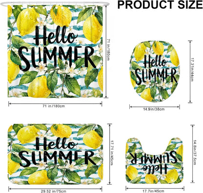 Lemon Shower Curtain Sets, Summer Tropical Flower Leaf Summer Yellow Washable with Hooks Bathroom Set with Print Cloth Curtains and Rugs for Bathtub Toile Guest Room Decor 72x72 Inch