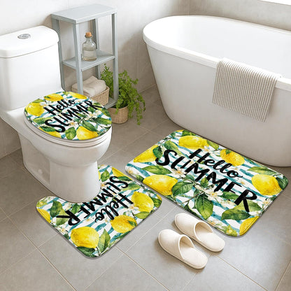 Lemon Shower Curtain Sets, Summer Tropical Flower Leaf Summer Yellow Washable with Hooks Bathroom Set with Print Cloth Curtains and Rugs for Bathtub Toile Guest Room Decor 72x72 Inch