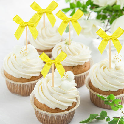 30Pcs Yellow Bow Cupcake Toppers, Coquette Cake Decorations Birthday, Bridal Shower, Baby Shower, Wedding, Bachelorette Party Girl-Themed Celebrations