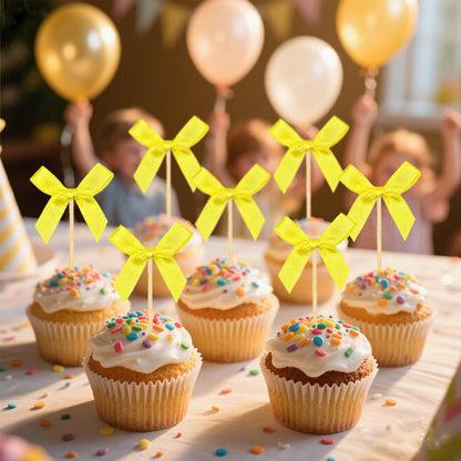 30Pcs Yellow Bow Cupcake Toppers, Coquette Cake Decorations Birthday, Bridal Shower, Baby Shower, Wedding, Bachelorette Party Girl-Themed Celebrations