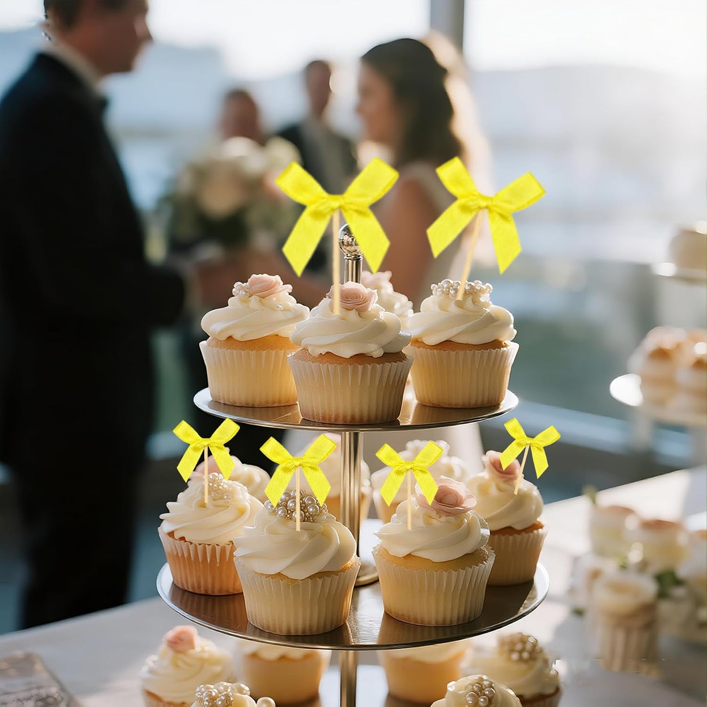 30Pcs Yellow Bow Cupcake Toppers, Coquette Cake Decorations Birthday, Bridal Shower, Baby Shower, Wedding, Bachelorette Party Girl-Themed Celebrations