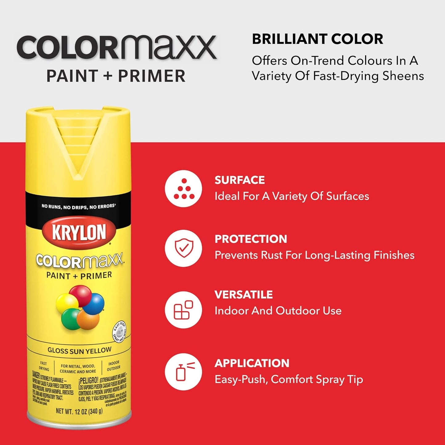 K05541007 COLORmaxx Spray Paint and Primer for Indoor/Outdoor Use, Gloss Sun Yellow, 12 Ounce (Pack of 1)