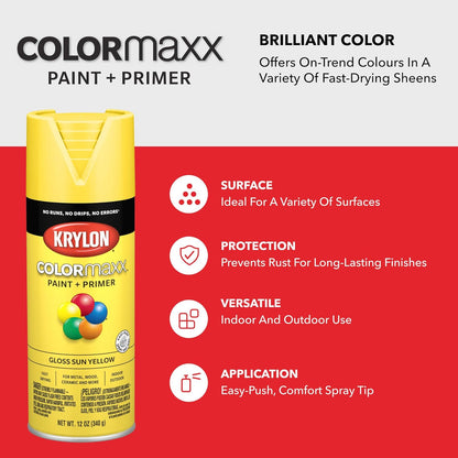 K05541007 COLORmaxx Spray Paint and Primer for Indoor/Outdoor Use, Gloss Sun Yellow, 12 Ounce (Pack of 1)
