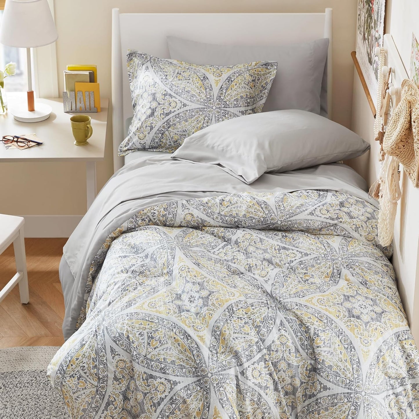 Bed in A Bag Comforter Set - Trendy Casual Design Twin XL Comforter with Complete Sheet Set with Side Pocket, All Season Comforter, Shams, Gloria, Twin XL Grey/Yellow 6 Piece