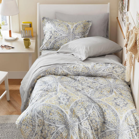 Bed in A Bag Comforter Set - Trendy Casual Design Twin XL Comforter with Complete Sheet Set with Side Pocket, All Season Comforter, Shams, Gloria, Twin XL Grey/Yellow 6 Piece