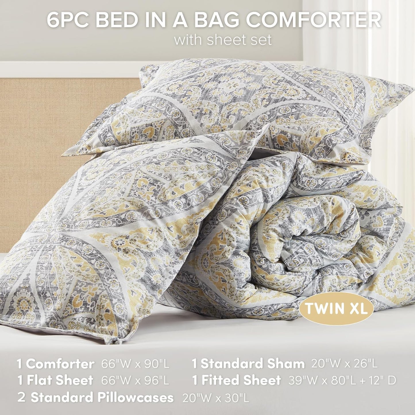 Bed in A Bag Comforter Set - Trendy Casual Design Twin XL Comforter with Complete Sheet Set with Side Pocket, All Season Comforter, Shams, Gloria, Twin XL Grey/Yellow 6 Piece
