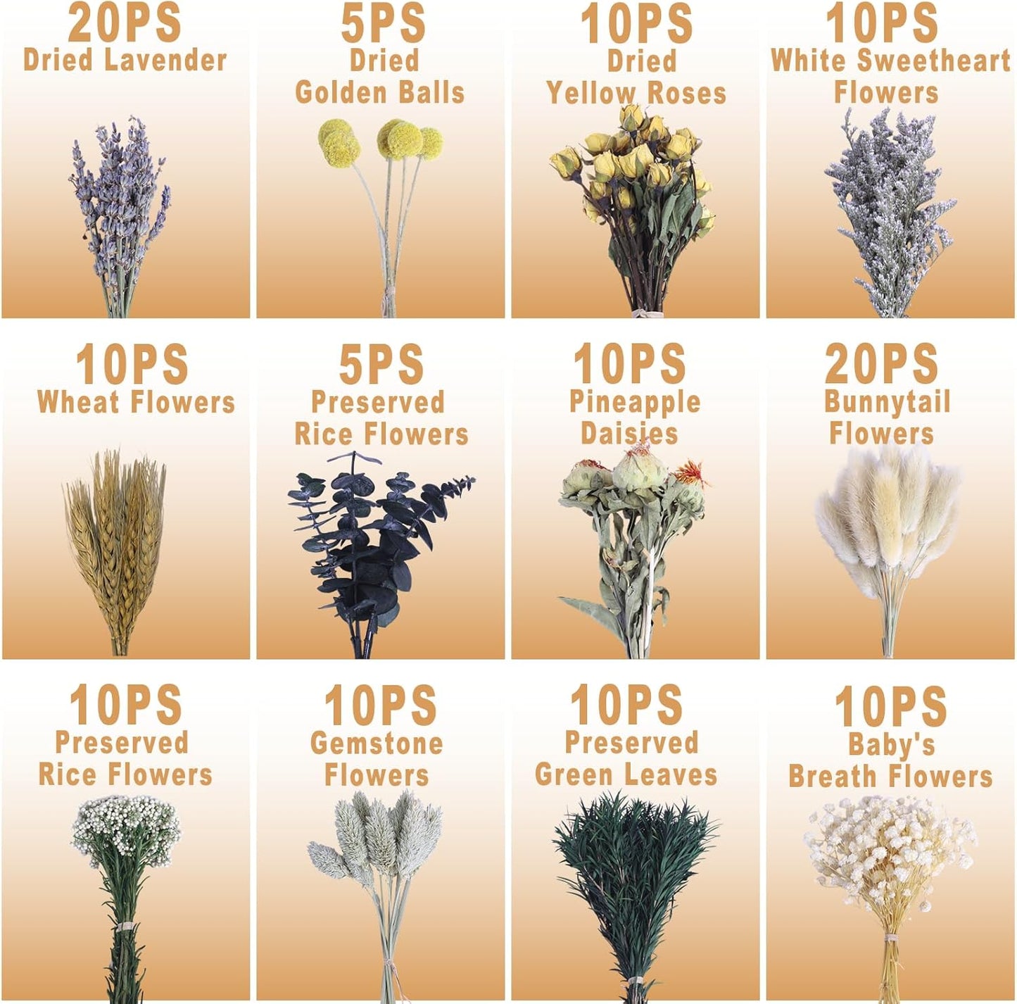 130Pcs DIY Mixed Natural Dried Flower Set, Preserved Flowers Bulk with Baby's Breath, Dried Roses, Eucalyptus Stems, Mini Handmade Flower Arrangement, Dried Flower for Home Decor