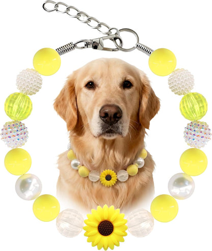 Yellow Daisy Handmade Chunky Pearl Dog Collar Necklace (Beads 20 mm) with Strong Stainless Steel Wire, Adjustable Fashion Collar Accessories for Dogs | Gift for Dog Moms (17.5" – 19.5", Daisy)