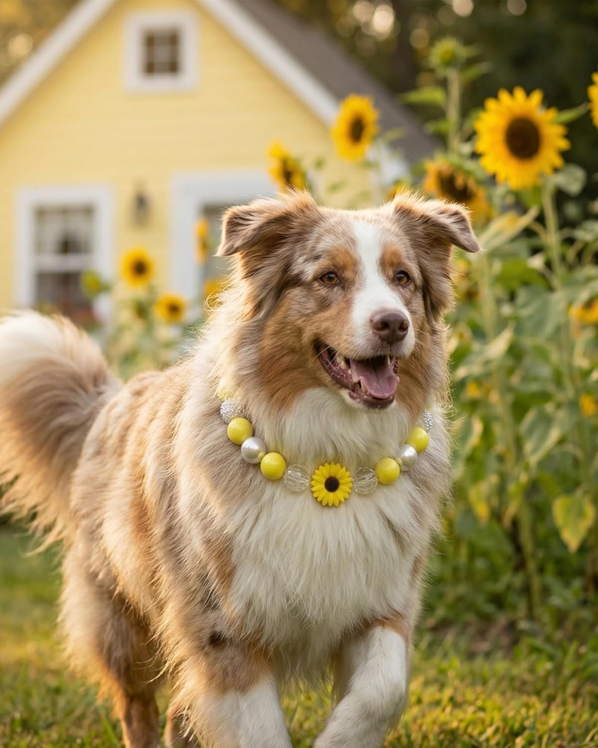 Yellow Daisy Handmade Chunky Pearl Dog Collar Necklace (Beads 20 mm) with Strong Stainless Steel Wire, Adjustable Fashion Collar Accessories for Dogs | Gift for Dog Moms (17.5" – 19.5", Daisy)