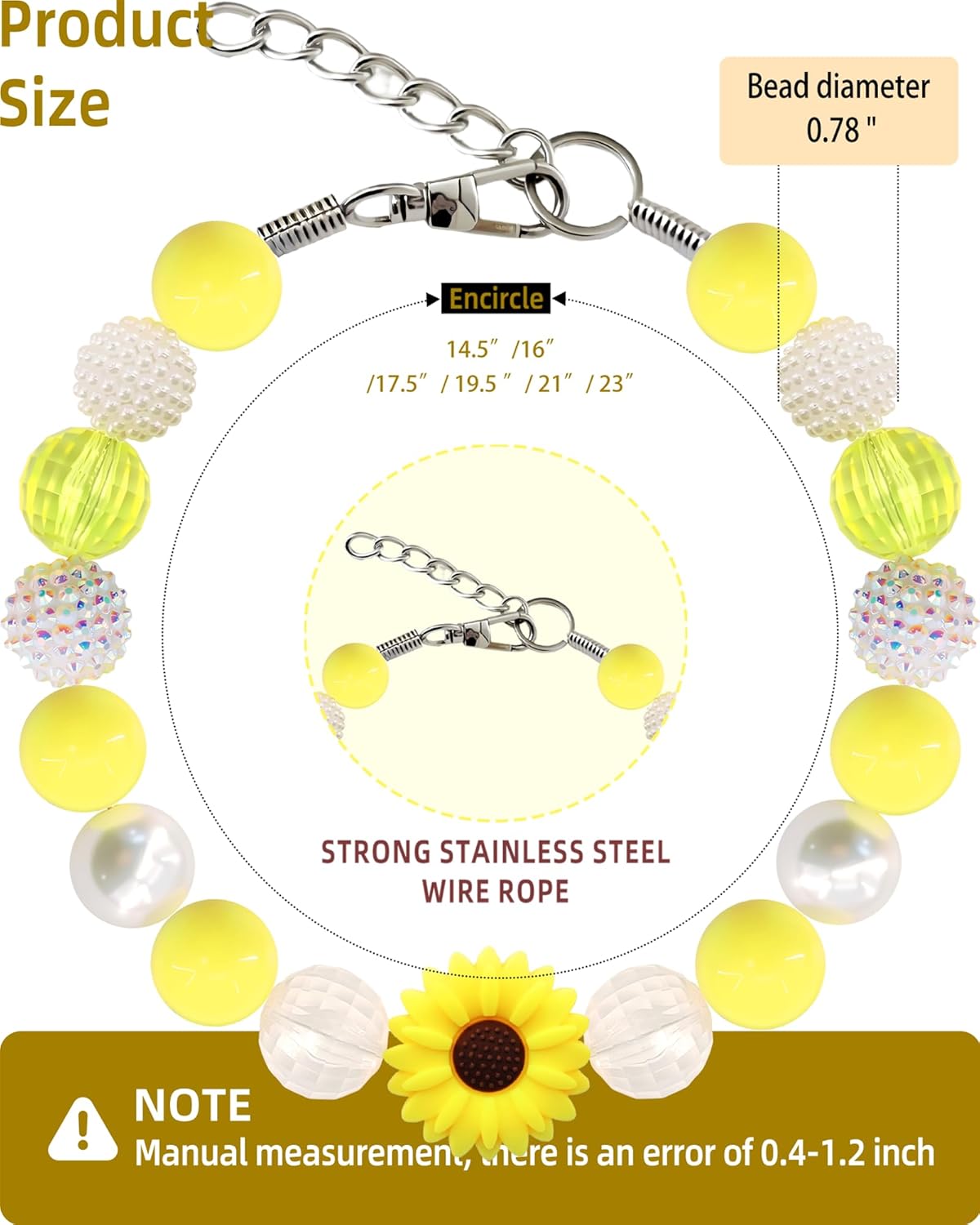 Yellow Daisy Handmade Chunky Pearl Dog Collar Necklace (Beads 20 mm) with Strong Stainless Steel Wire, Adjustable Fashion Collar Accessories for Dogs | Gift for Dog Moms (17.5" – 19.5", Daisy)
