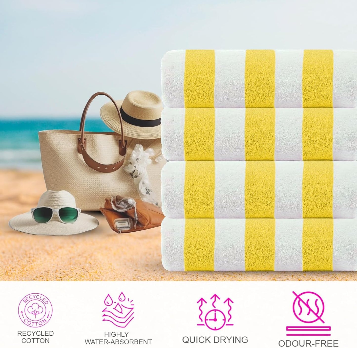 Cabana Beach Towel Designed in Denmark Rough and Tough, Quick Dry, Beach, Pool, Bath & Shower 30x60 inches 4 Pieces Cotton Beach Bath Towels Set - Lemon