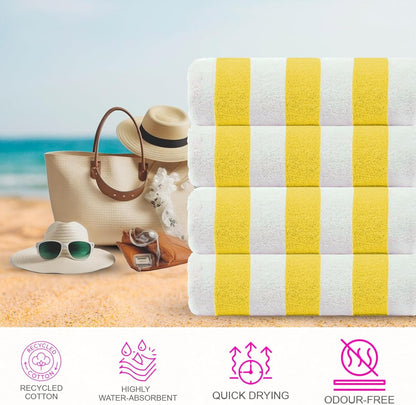Cabana Beach Towel Designed in Denmark Rough and Tough, Quick Dry, Beach, Pool, Bath & Shower 30x60 inches 4 Pieces Cotton Beach Bath Towels Set - Lemon