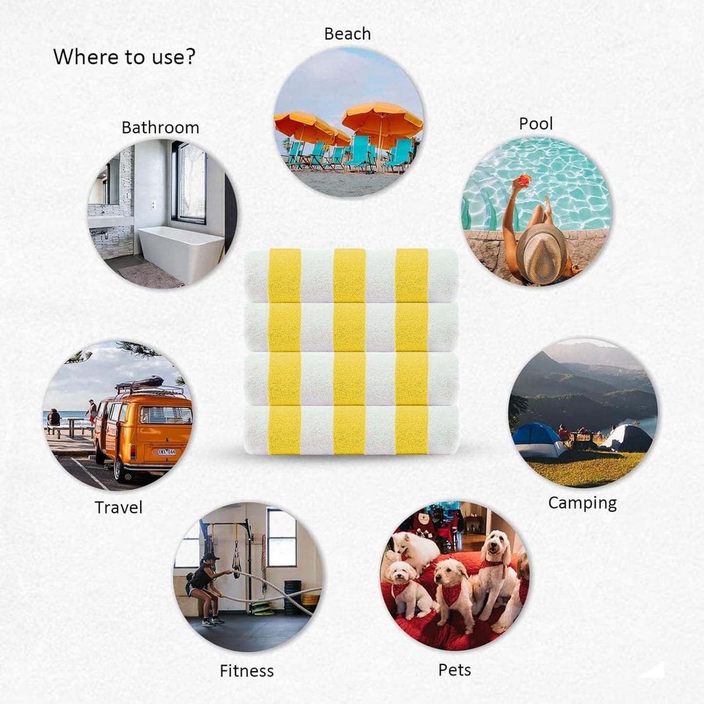 Cabana Beach Towel Designed in Denmark Rough and Tough, Quick Dry, Beach, Pool, Bath & Shower 30x60 inches 4 Pieces Cotton Beach Bath Towels Set - Lemon