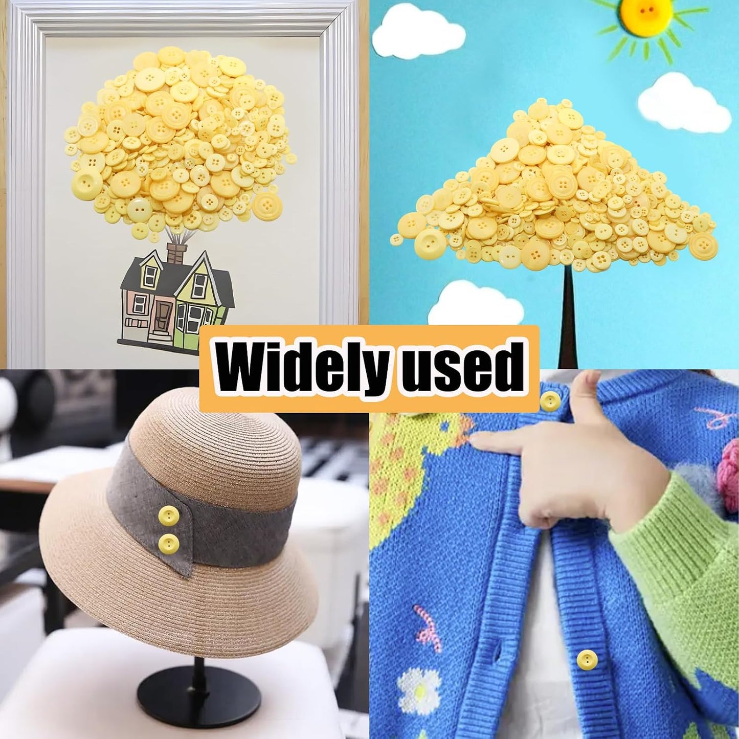 About 500-600Pcs Round Resin Buttons, Mixed Size Sewing Buttons, 2 and 4 Holes Assorted Buttons for Crafts, 300g Manual Button Painting DIY Handmade Ornament Button (Yellow)