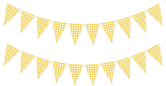 Yellow Gingham Banner for Picnic, BBQ Party Decorations | Yellow and White Checkered Garland Bunting Flags, Lemon Decorations, Yellow Party Decorations for Birthday, Baby Shower