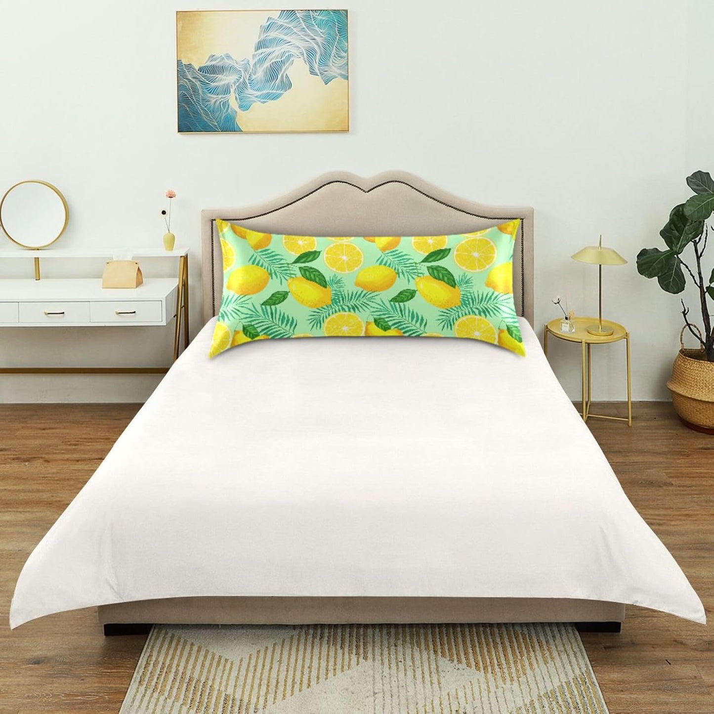 Yellow Lemon and Green Leaves Satin Pillow Cases, Soft Cozy Wrinkle Free Pillow Covers, Machine Washable Pillowcase Covers with Envelope Closure Standard Size 20” x 26”