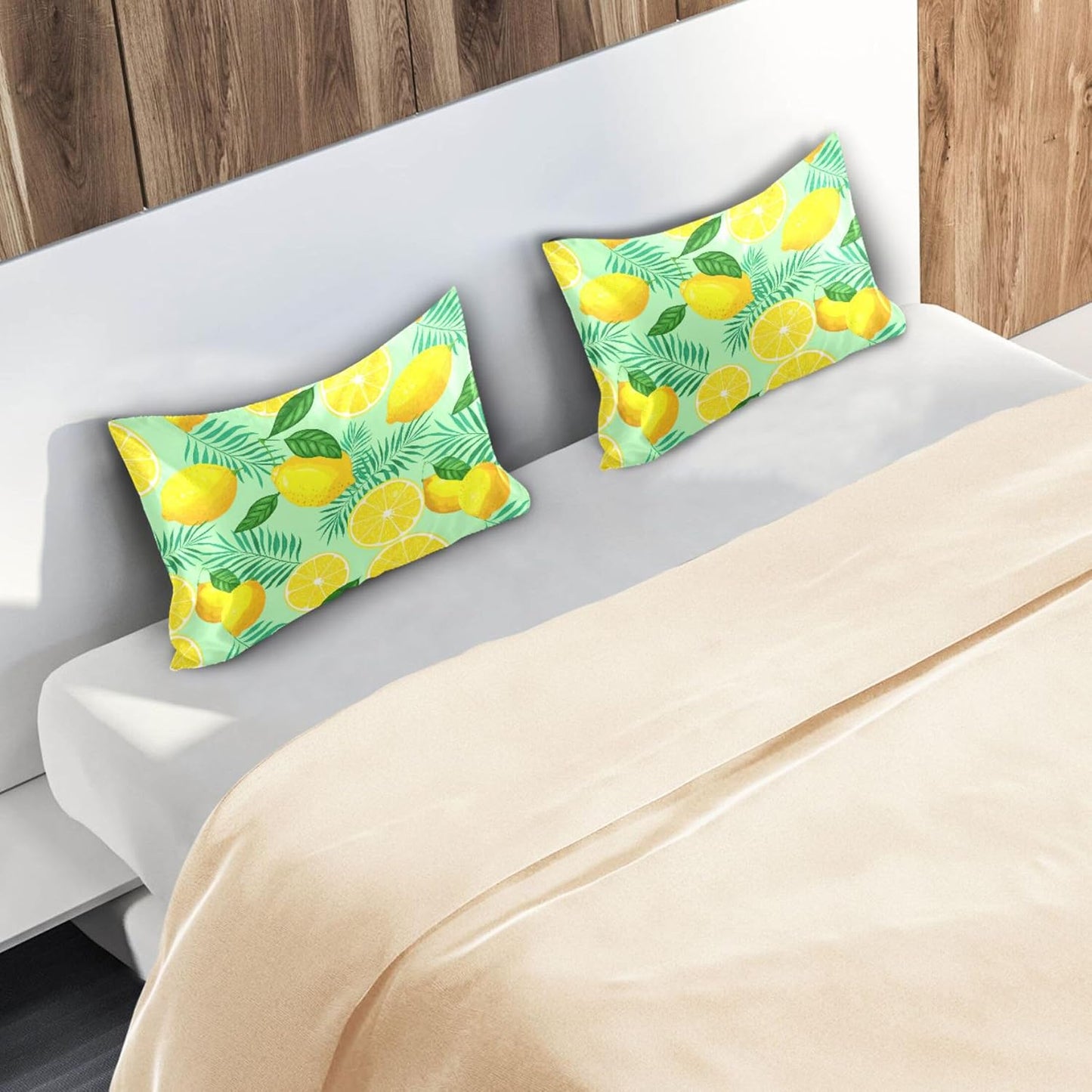 Yellow Lemon and Green Leaves Satin Pillow Cases, Soft Cozy Wrinkle Free Pillow Covers, Machine Washable Pillowcase Covers with Envelope Closure Standard Size 20” x 26”