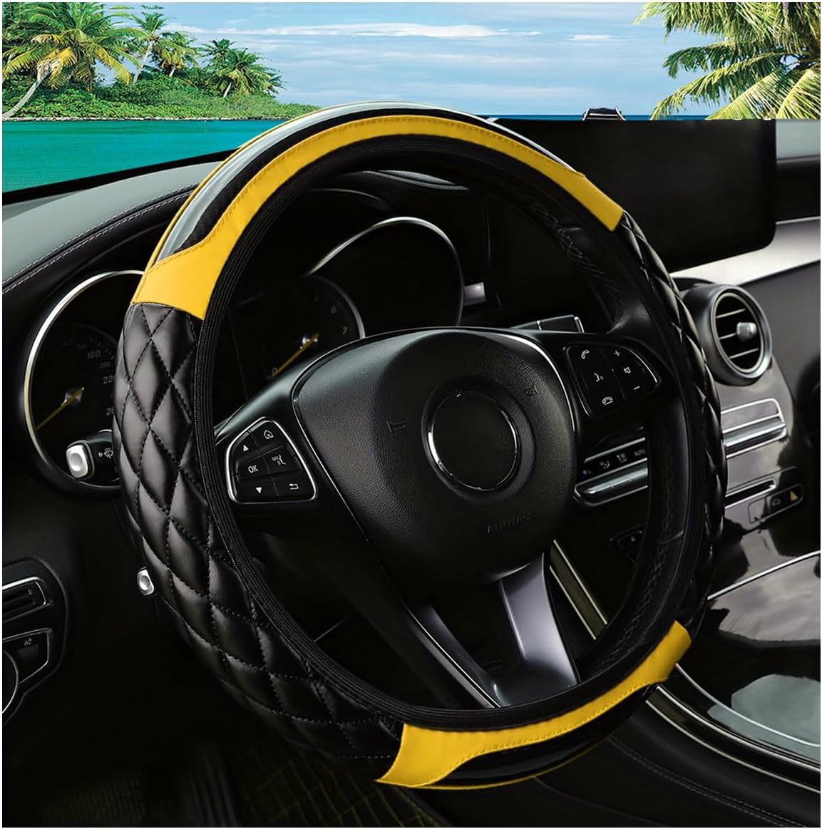 Car Steering Wheel Cover, 14.5-15inch Leather Anti-Slip Car Wheel Cover Protector, Safety Comfortable Desgin, Universal Auto Steering Wheels Accessories for Cars Truck SUV (Yellow)