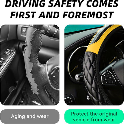 Car Steering Wheel Cover, 14.5-15inch Leather Anti-Slip Car Wheel Cover Protector, Safety Comfortable Desgin, Universal Auto Steering Wheels Accessories for Cars Truck SUV (Yellow)