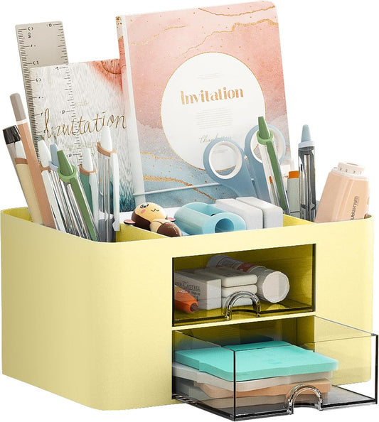 Pen Organizer with 2 Drawer, Multi-Functional Pencil Holder for Desk, Desk Organizers and Accessories with 5 Compartments + Drawer for Office Art Supplies (Yellow)
