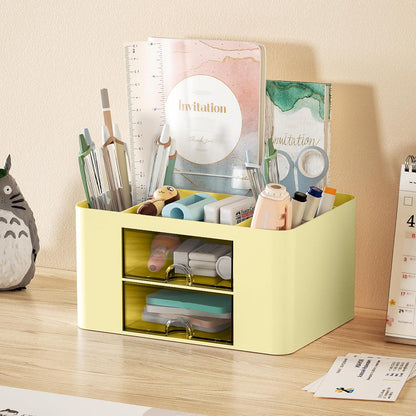 Pen Organizer with 2 Drawer, Multi-Functional Pencil Holder for Desk, Desk Organizers and Accessories with 5 Compartments + Drawer for Office Art Supplies (Yellow)