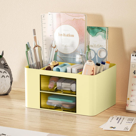 Pen Organizer with 2 Drawer, Multi-Functional Pencil Holder for Desk, Desk Organizers and Accessories with 5 Compartments + Drawer for Office Art Supplies (Yellow)