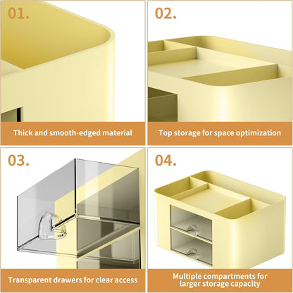Pen Organizer with 2 Drawer, Multi-Functional Pencil Holder for Desk, Desk Organizers and Accessories with 5 Compartments + Drawer for Office Art Supplies (Yellow)