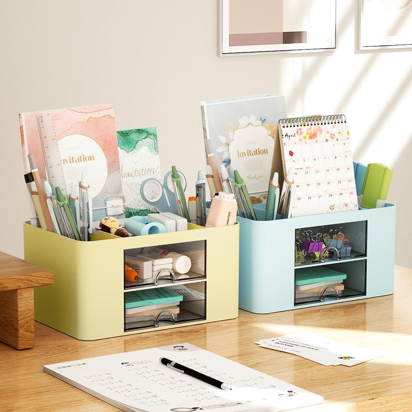 Pen Organizer with 2 Drawer, Multi-Functional Pencil Holder for Desk, Desk Organizers and Accessories with 5 Compartments + Drawer for Office Art Supplies (Yellow)