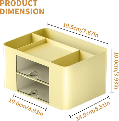 Pen Organizer with 2 Drawer, Multi-Functional Pencil Holder for Desk, Desk Organizers and Accessories with 5 Compartments + Drawer for Office Art Supplies (Yellow)