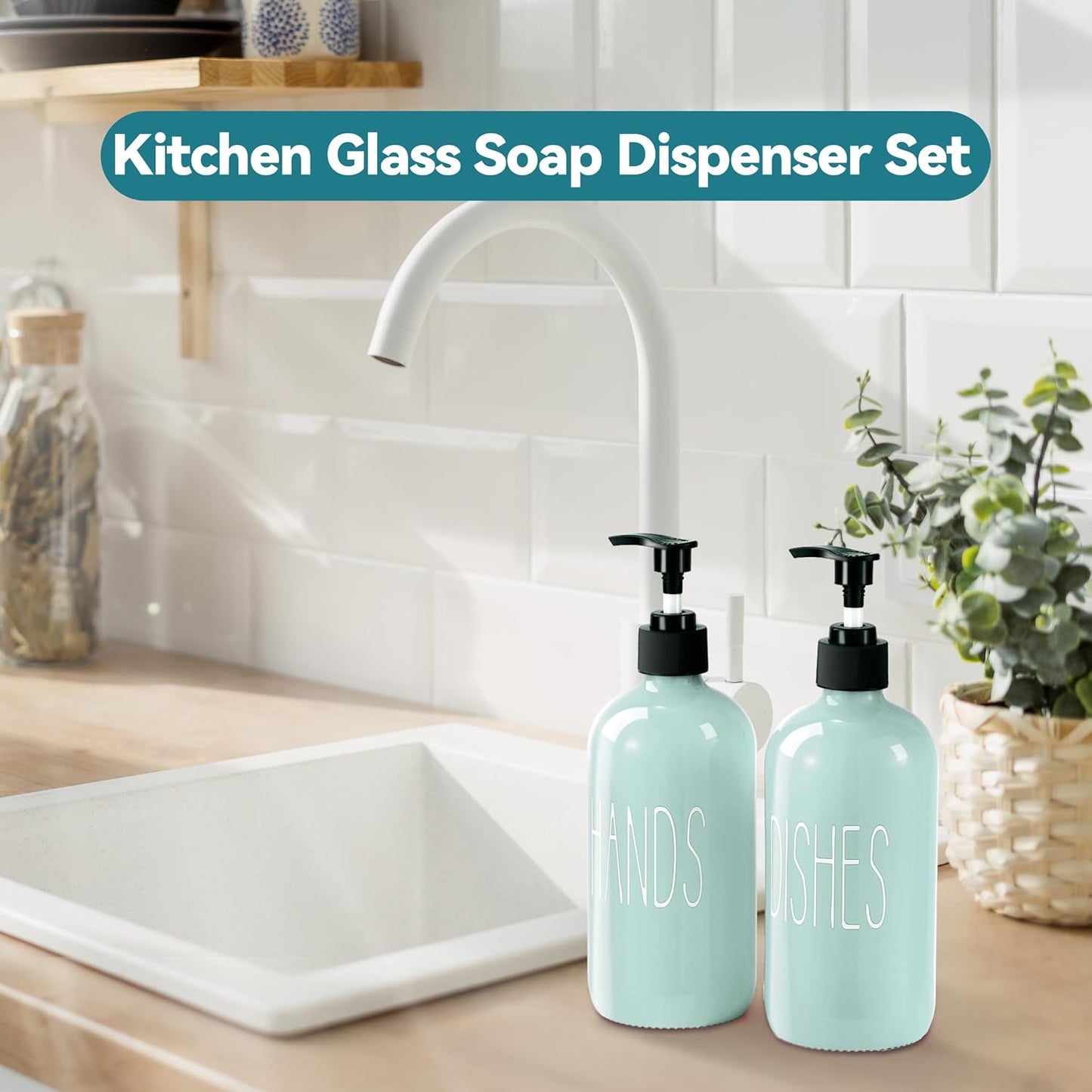 Glass Soap Dispenser Set 2 Pack,16 Oz Dish Soap Dispenser for Kitchen Sink,Lemon Kitchen Decor and Accessories,Yellow Decorations and Kitchen Utensils for Kitchen