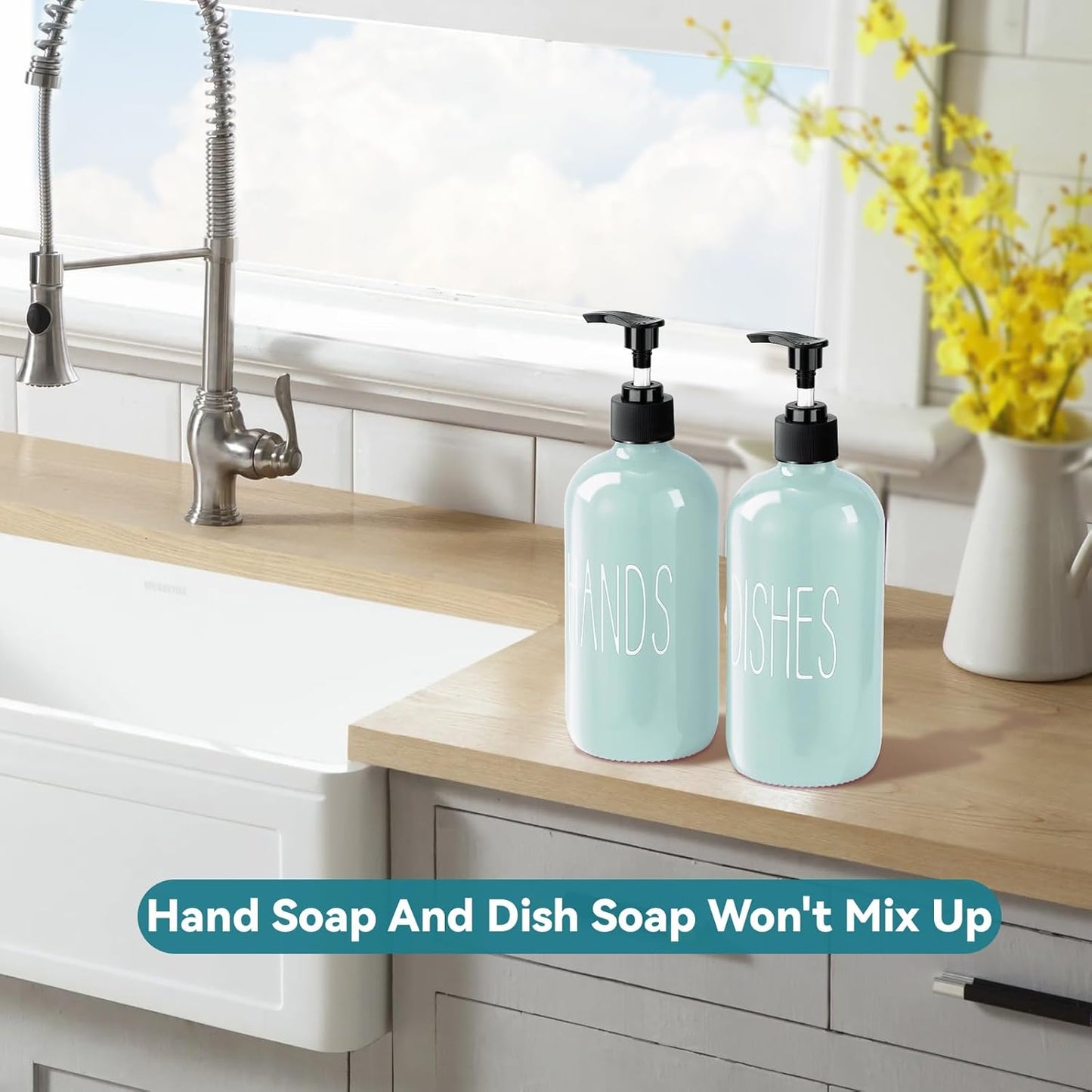 Glass Soap Dispenser Set 2 Pack,16 Oz Dish Soap Dispenser for Kitchen Sink,Lemon Kitchen Decor and Accessories,Yellow Decorations and Kitchen Utensils for Kitchen