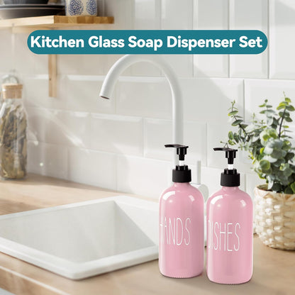 Glass Soap Dispenser Set 2 Pack,16 Oz Dish Soap Dispenser for Kitchen Sink,Lemon Kitchen Decor and Accessories,Yellow Decorations and Kitchen Utensils for Kitchen