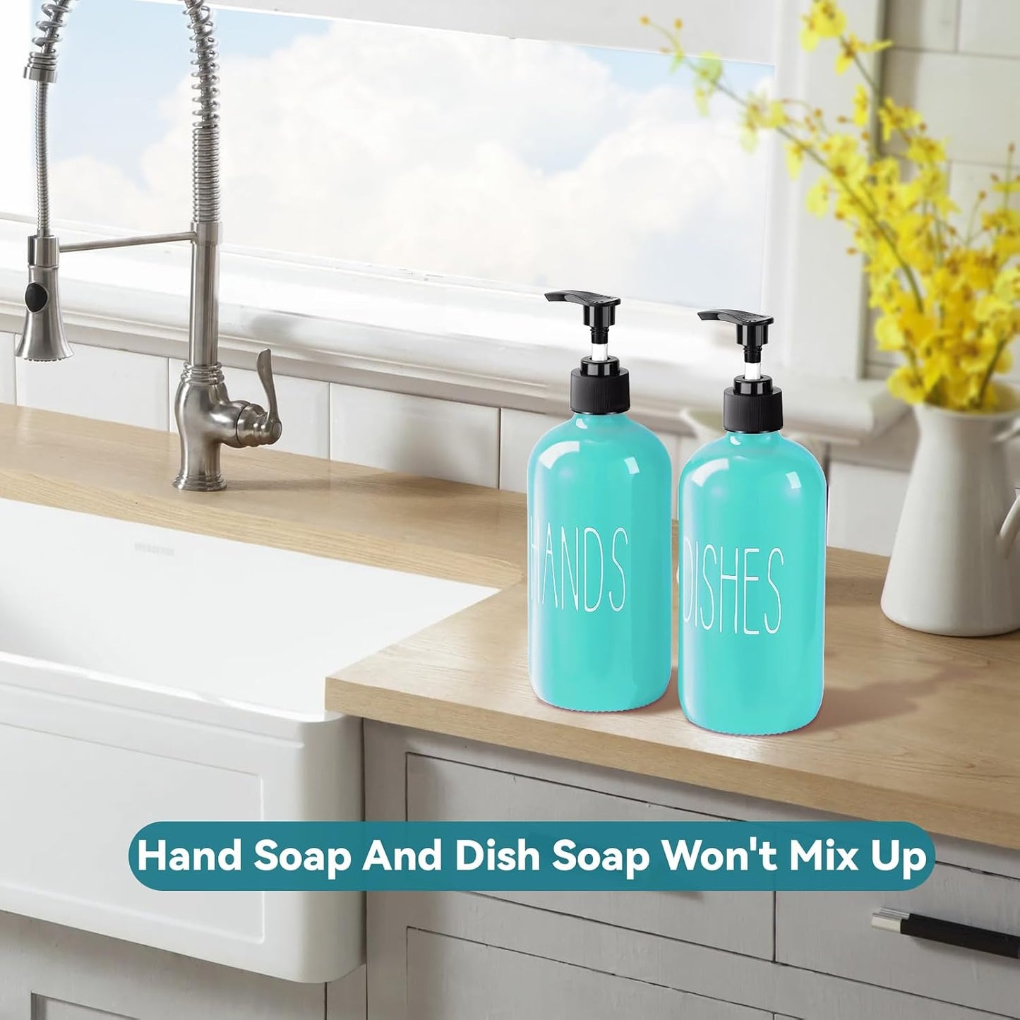 Glass Soap Dispenser Set 2 Pack,16 Oz Dish Soap Dispenser for Kitchen Sink,Lemon Kitchen Decor and Accessories,Yellow Decorations and Kitchen Utensils for Kitchen