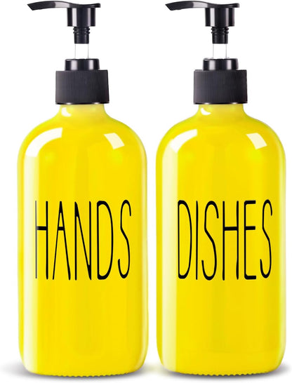 Glass Soap Dispenser Set 2 Pack,16 Oz Dish Soap Dispenser for Kitchen Sink,Lemon Kitchen Decor and Accessories,Yellow Decorations and Kitchen Utensils for Kitchen