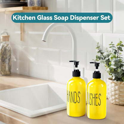 Glass Soap Dispenser Set 2 Pack,16 Oz Dish Soap Dispenser for Kitchen Sink,Lemon Kitchen Decor and Accessories,Yellow Decorations and Kitchen Utensils for Kitchen