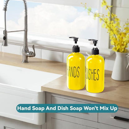 Glass Soap Dispenser Set 2 Pack,16 Oz Dish Soap Dispenser for Kitchen Sink,Lemon Kitchen Decor and Accessories,Yellow Decorations and Kitchen Utensils for Kitchen