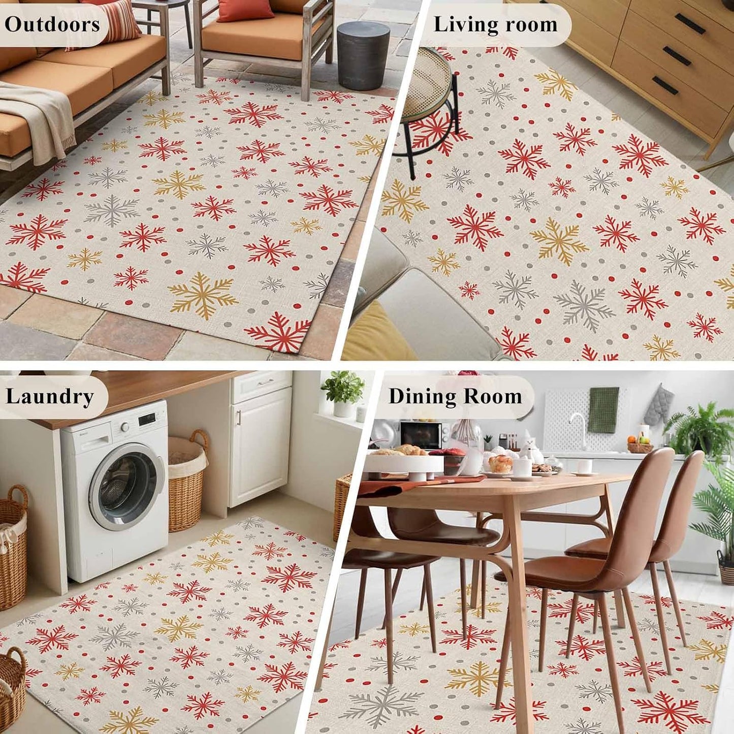 2.7x5 Area Rugs, Winter Snowflakes Non Slip Area Rugs for Living Room, Bedroom, Barhroom, Entryway, Red Yellow Christmas Snowflakes Beige Soft Kitchen Bath Mats Washable Carpet