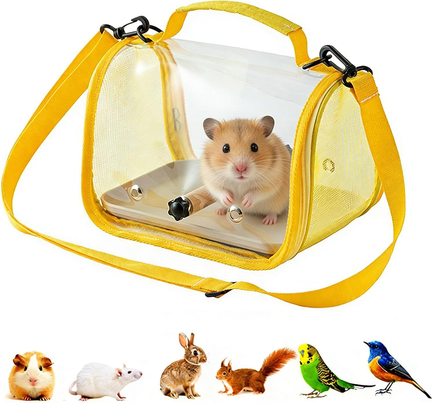 Clear Small Pet Travel Carrier with Perch & Tray – Breathable Mesh Bird Parrot Hamster Rabbit Squirrel Portable Bag (Yellow)