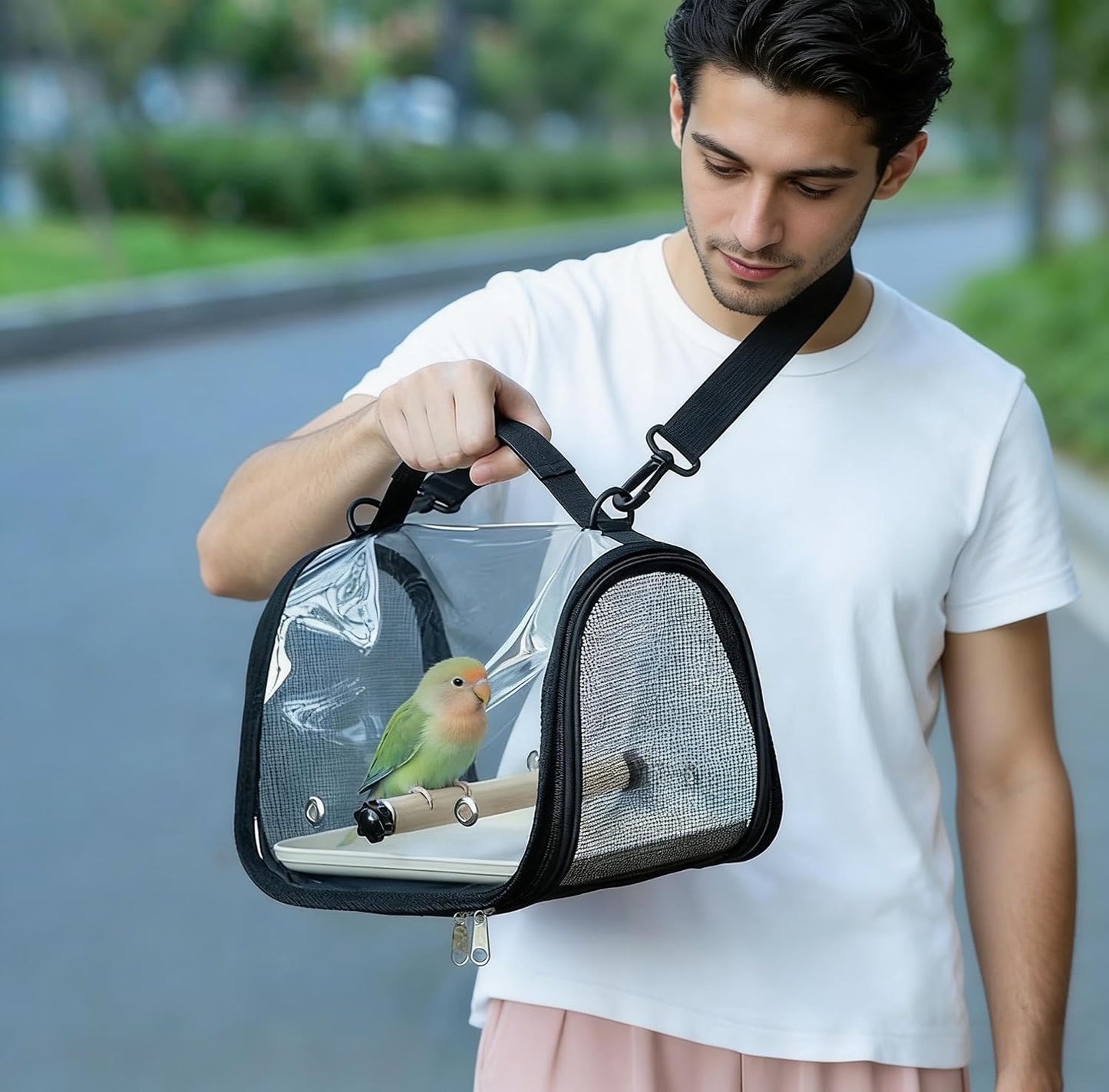 Clear Small Pet Travel Carrier with Perch & Tray – Breathable Mesh Bird Parrot Hamster Rabbit Squirrel Portable Bag (Yellow)