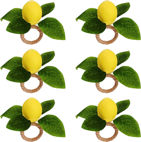 Lemon Napkin Rings Set of 6, Faux Lemon Summer Farmhouse Napkin Ring Holder for Dining Table Decor Banquet Wedding Birthday Thanksgiving Christmas Easter Holiday Table Decorations